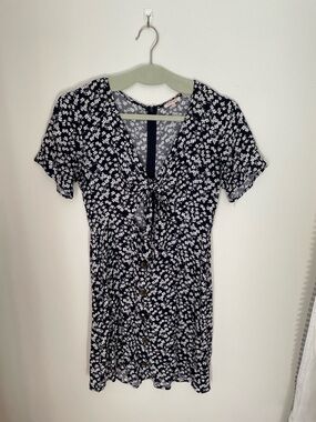 Navy and White Floral Tie-Front Mini Dress